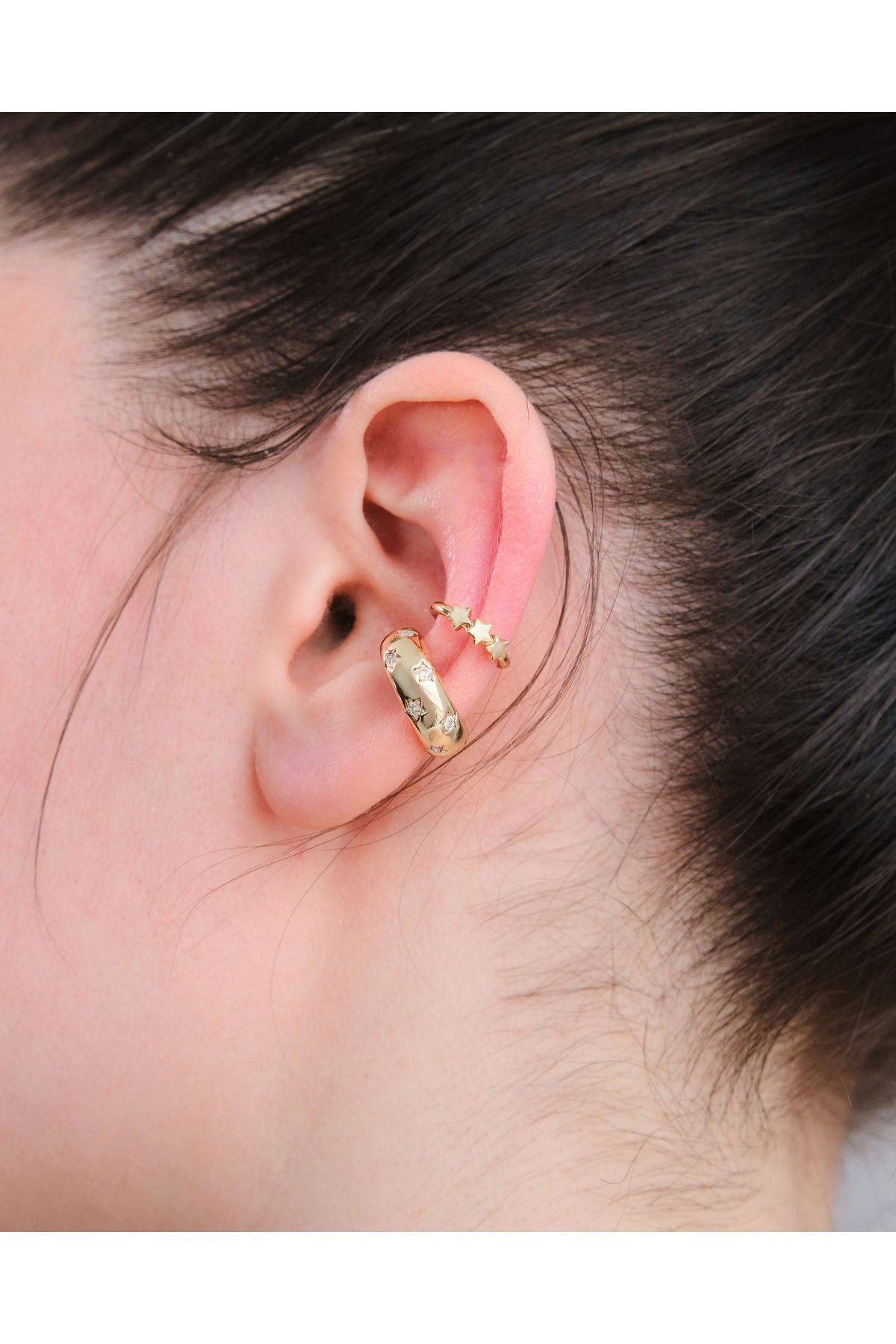 Gold Renk 2’li Yıldız Zirkon Taşlı Earcuff Seti