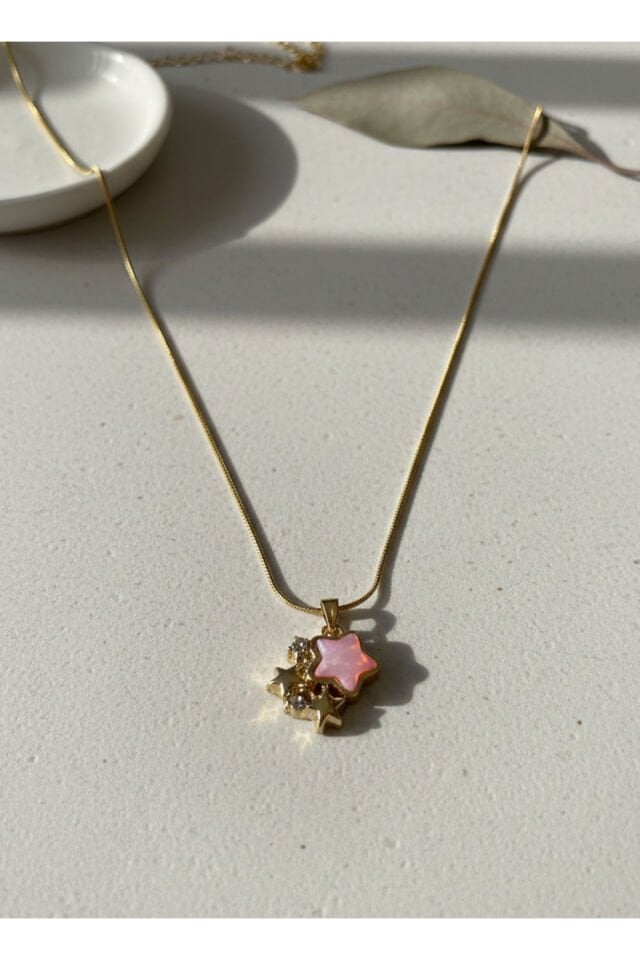 Altın Kaplama Pembe Kalp ve Kalpli Çelik Kolye