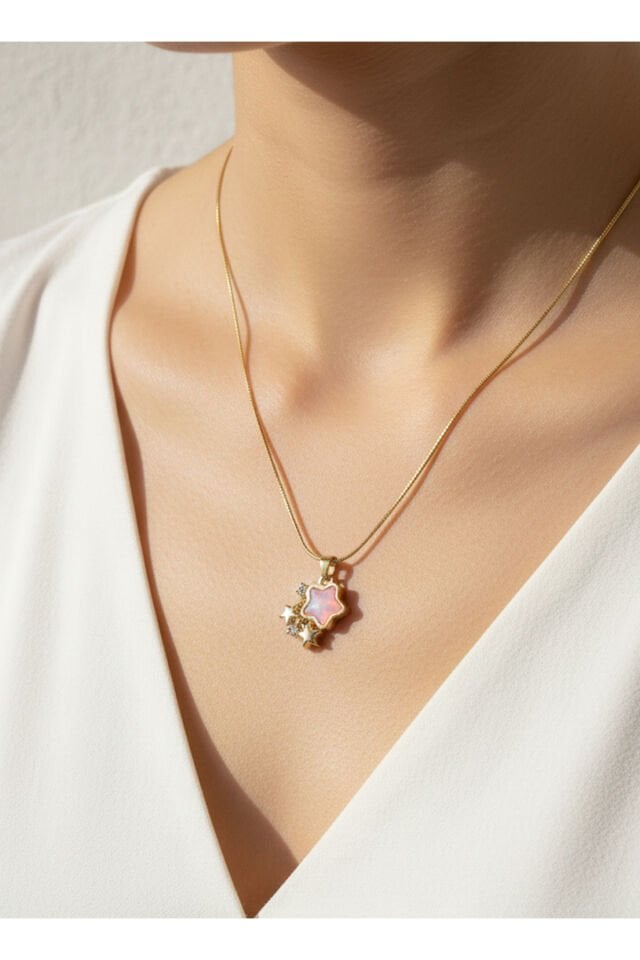 Altın Kaplama Pembe Kalp ve Kalpli Çelik Kolye