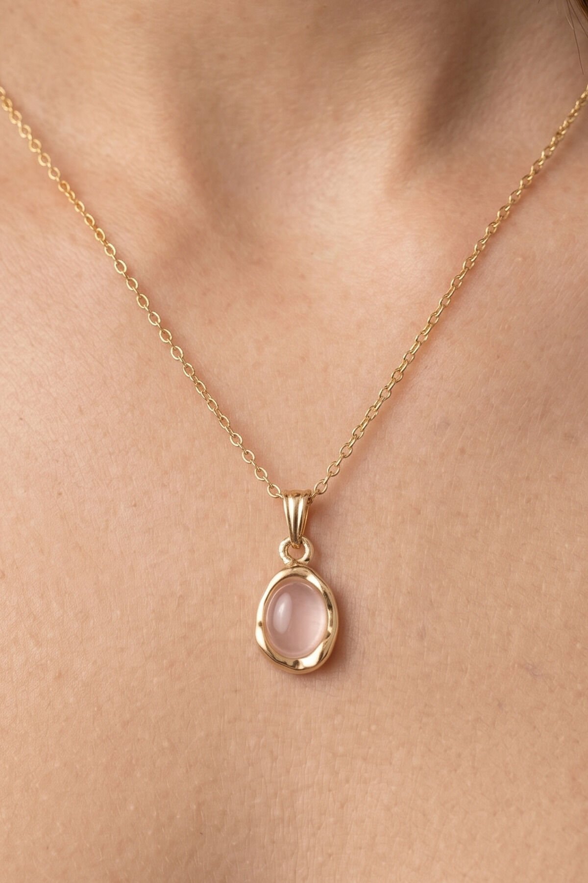 Gold Pembe Kedi Gözü Taşlı Vintage Kolye