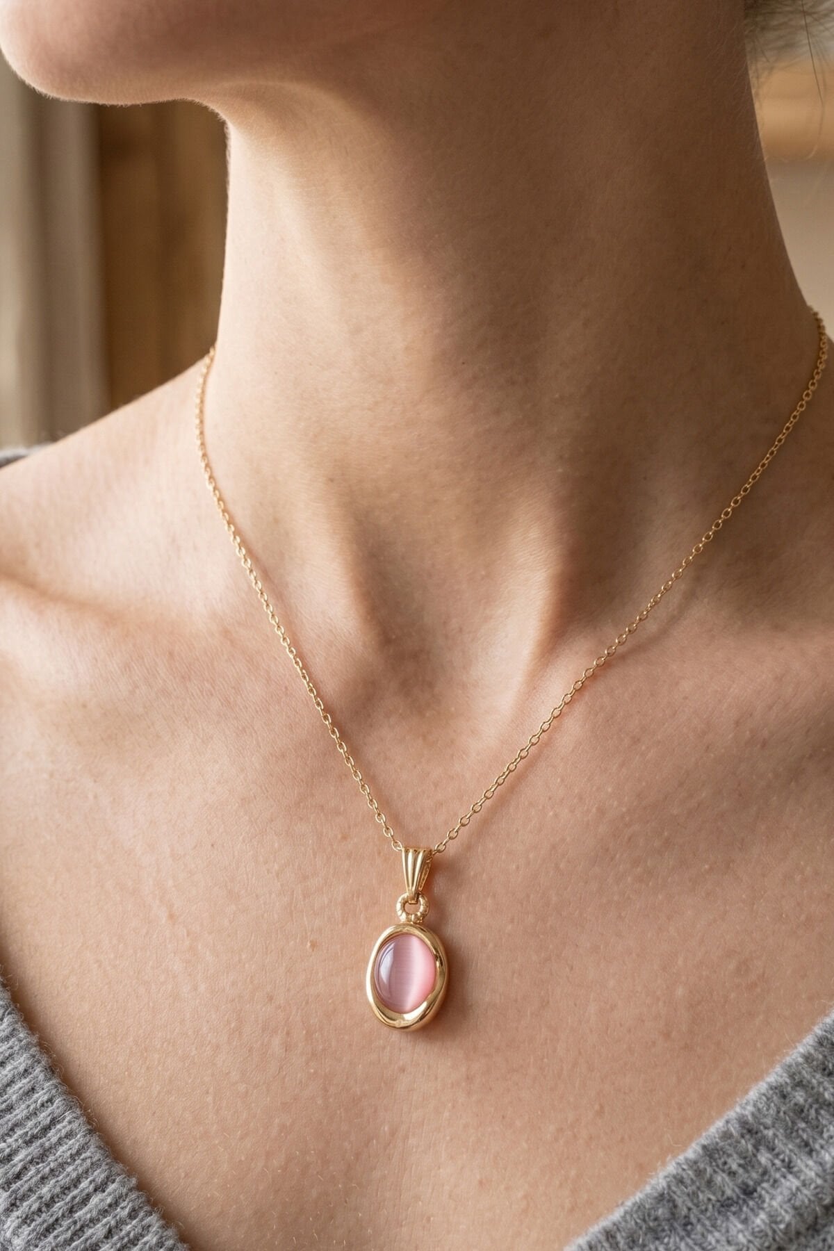 Gold Pembe Kedi Gözü Taşlı Vintage Kolye