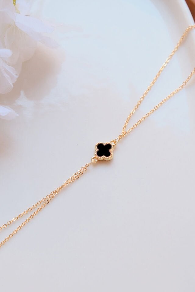 Gold Siyah Doğal Taşlı Yonca Şahmeran