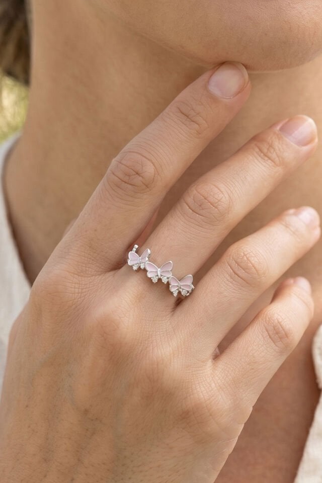 Silver Zirkon Taşlı Pembe Kelebek Çelik Yüzük