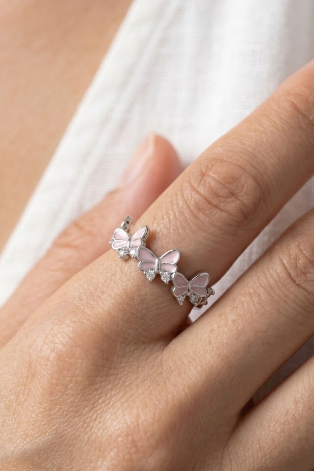 Silver Zirkon Taşlı Pembe Kelebek Çelik Yüzük