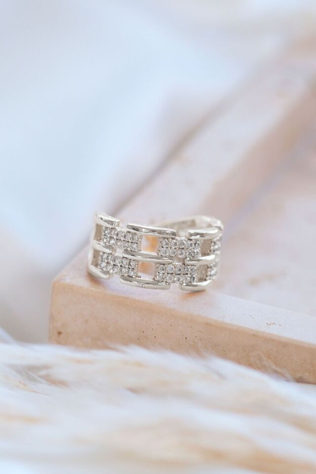 Silver Zirkon Taşlı Zincir Ayarlanabilir Yüzük