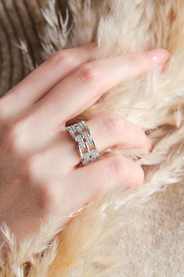 Silver Zirkon Taşlı Zincir Ayarlanabilir Yüzük