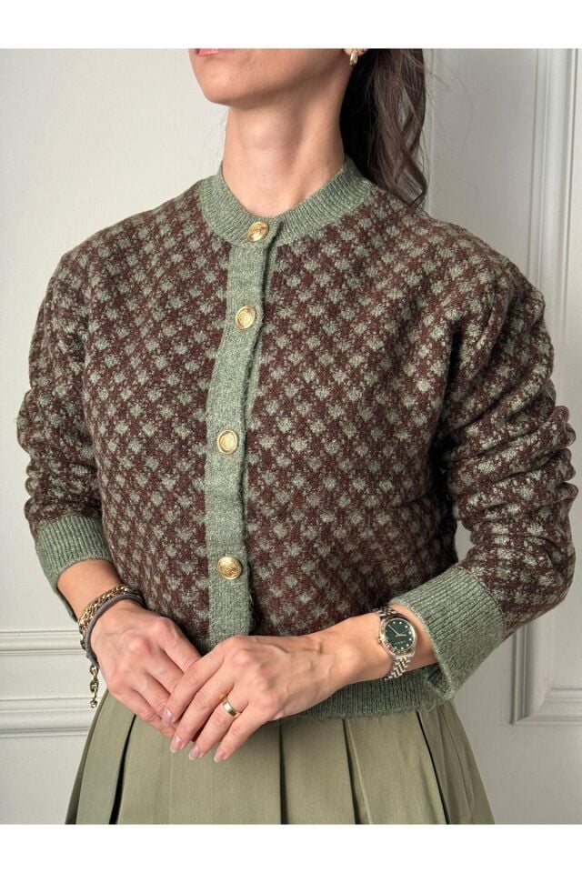 Kadın Haki Kahve Bisiklet Yaka Gold Düğme Detaylı Desenli Triko Hırka