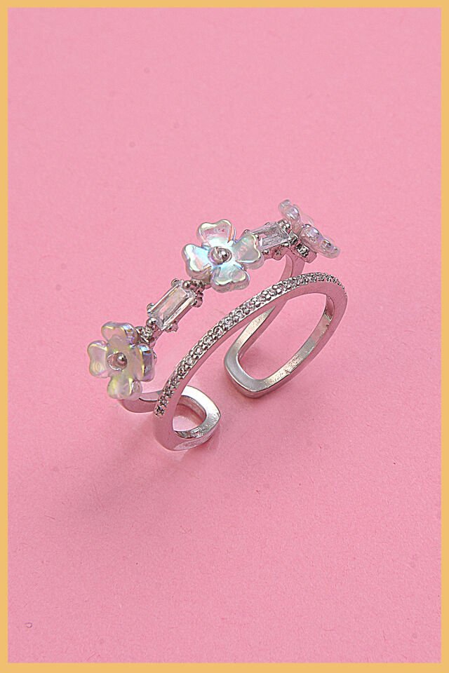 Kadın 925K Gümüş Kaplama Zirkon&Sedef Taşlı Çiçek Motifli Ayarlanabilir Çelik Yüzük (Exclusive)