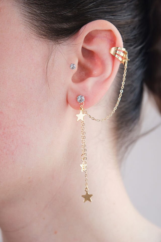 Gold Kıkırdak Ve Küpe Zirkon Taşlı Sallantılı Yıldız Küpe