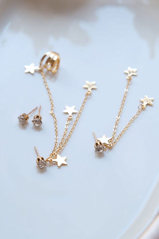 Gold Kıkırdak Ve Küpe Zirkon Taşlı Sallantılı Yıldız Küpe