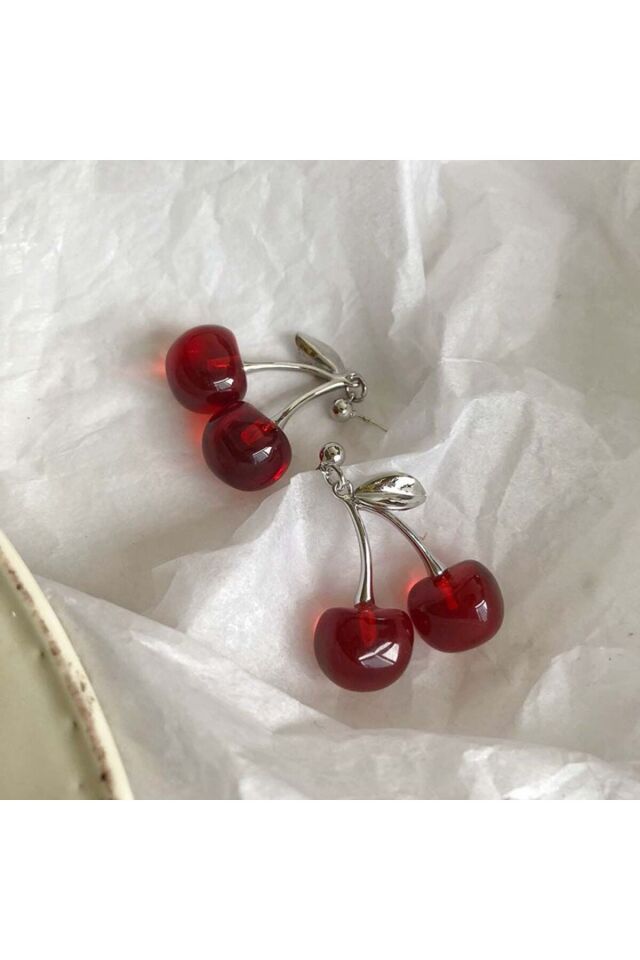 Kadın Gümüş 2'li Cherry Yapraklı Kiraz Küpe