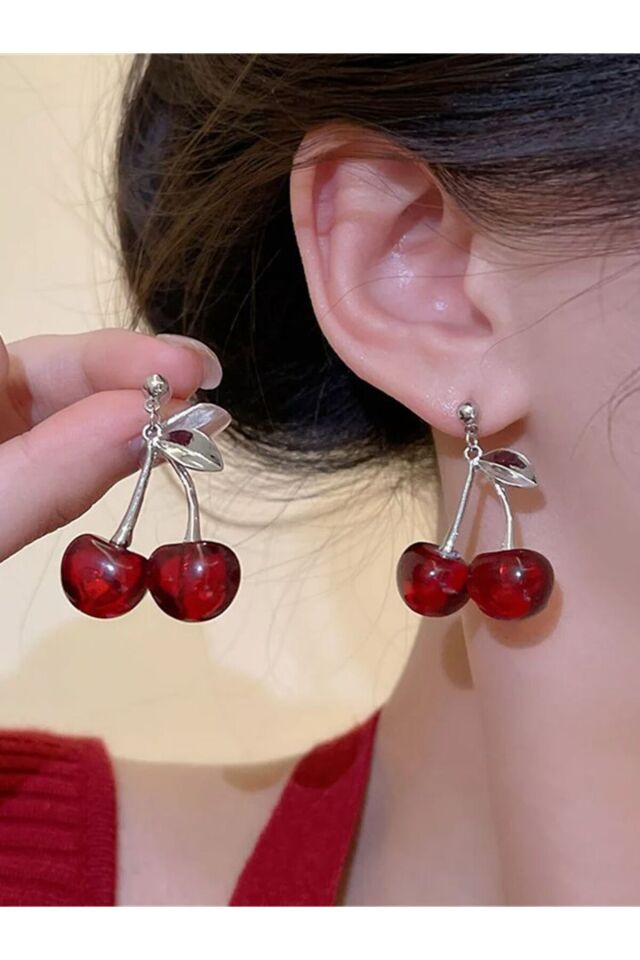 Kadın Gümüş 2'li Cherry Yapraklı Kiraz Küpe