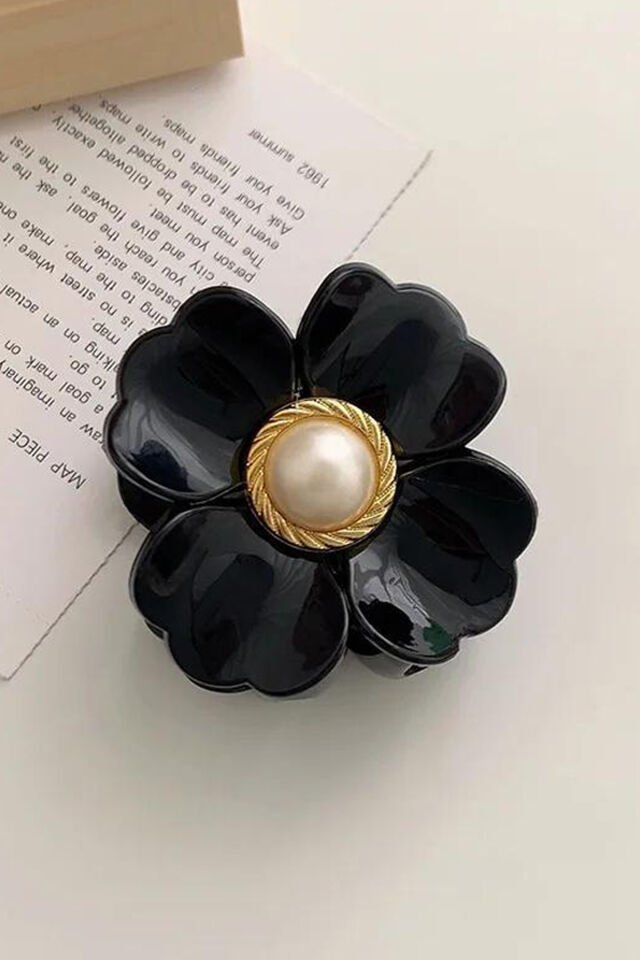 Siyah Renk İncili Çiçek Mandal Toka