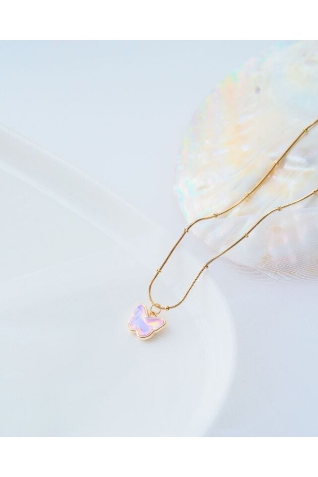 Altın Kaplama Pembe Kelebek Detaylı Çelik kolye