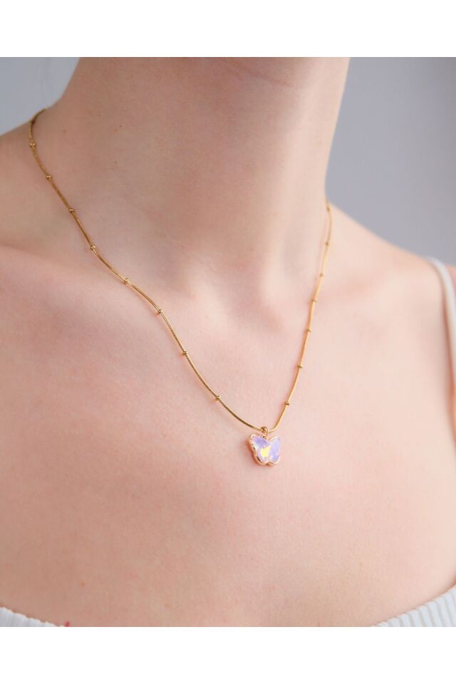 Altın Kaplama Pembe Kelebek Detaylı Çelik kolye