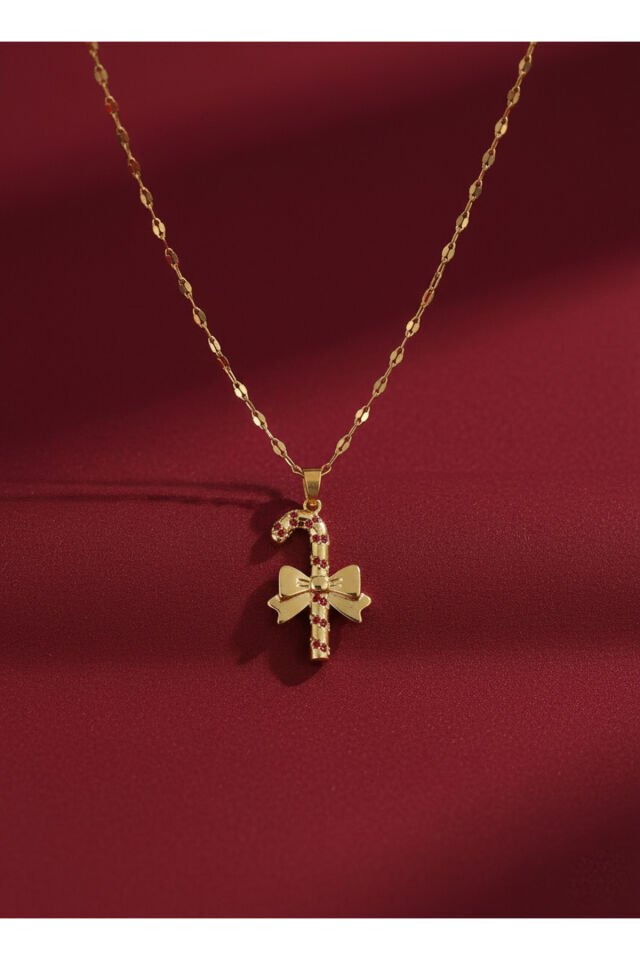 Altın Kaplama Pembe Zirkon Taşlı Baston Model Çelik Kolye – Yılbaşı Hediyesi