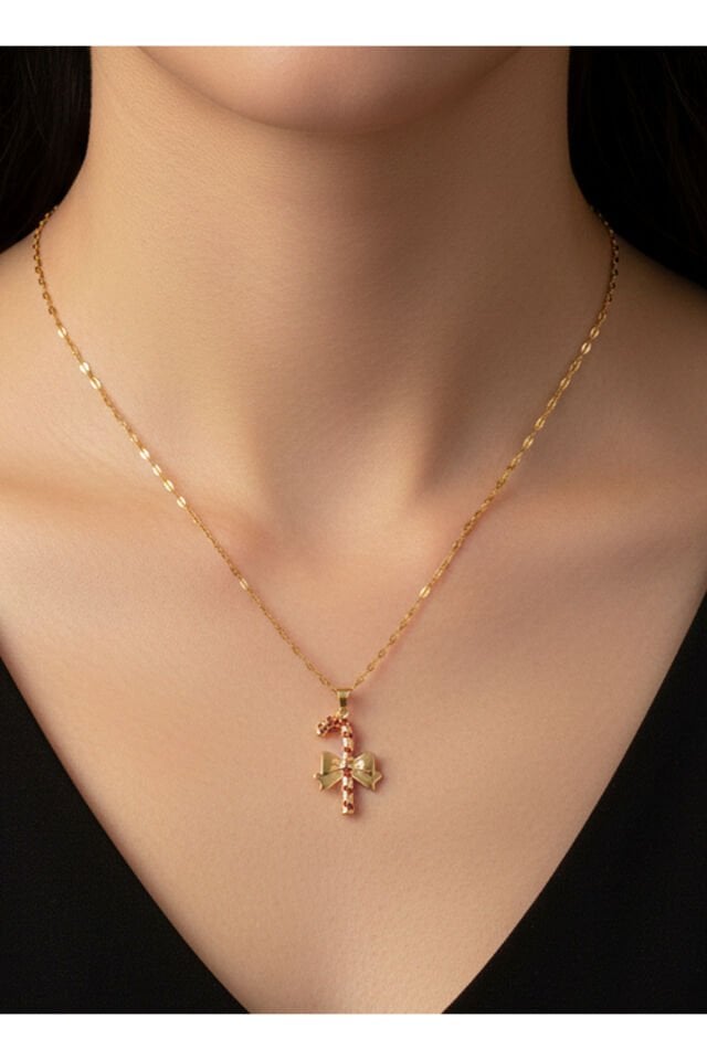 Altın Kaplama Pembe Zirkon Taşlı Baston Model Çelik Kolye – Yılbaşı Hediyesi