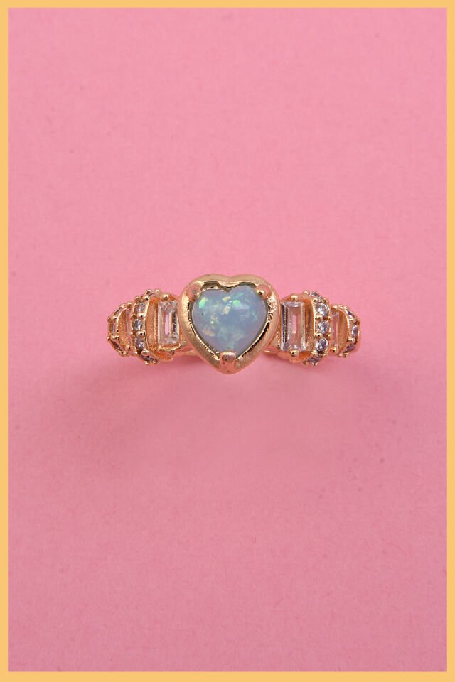Kadın 18k Altın Kaplama Mavi Opal Kalp & Zirkon Baget Taşlı Ayarlanabilir Çelik Yüzük (exclusive)