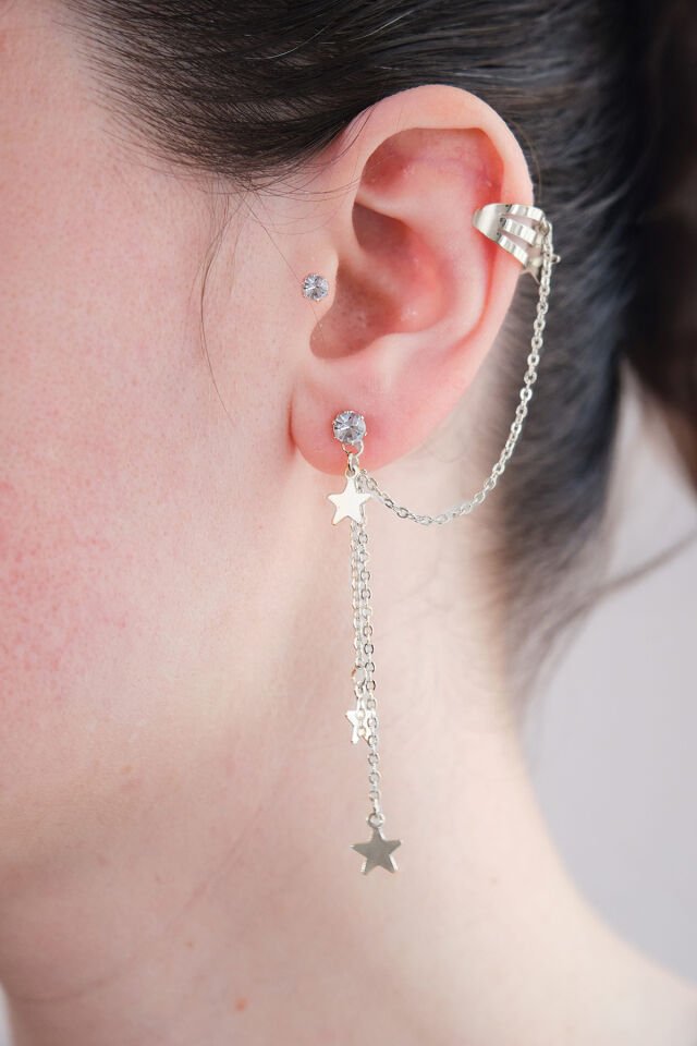 Silver Kıkırdak Ve Küpe Zirkon Taşlı Sallantılı Yıldız Küpe