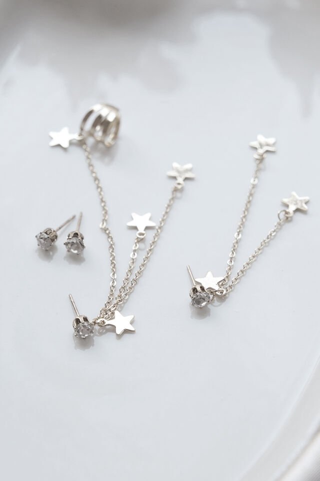 Silver Kıkırdak Ve Küpe Zirkon Taşlı Sallantılı Yıldız Küpe