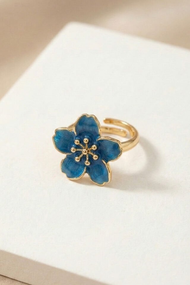 Gold Ayarlanabilir Mavi Sakura Çiçeği Yüzük