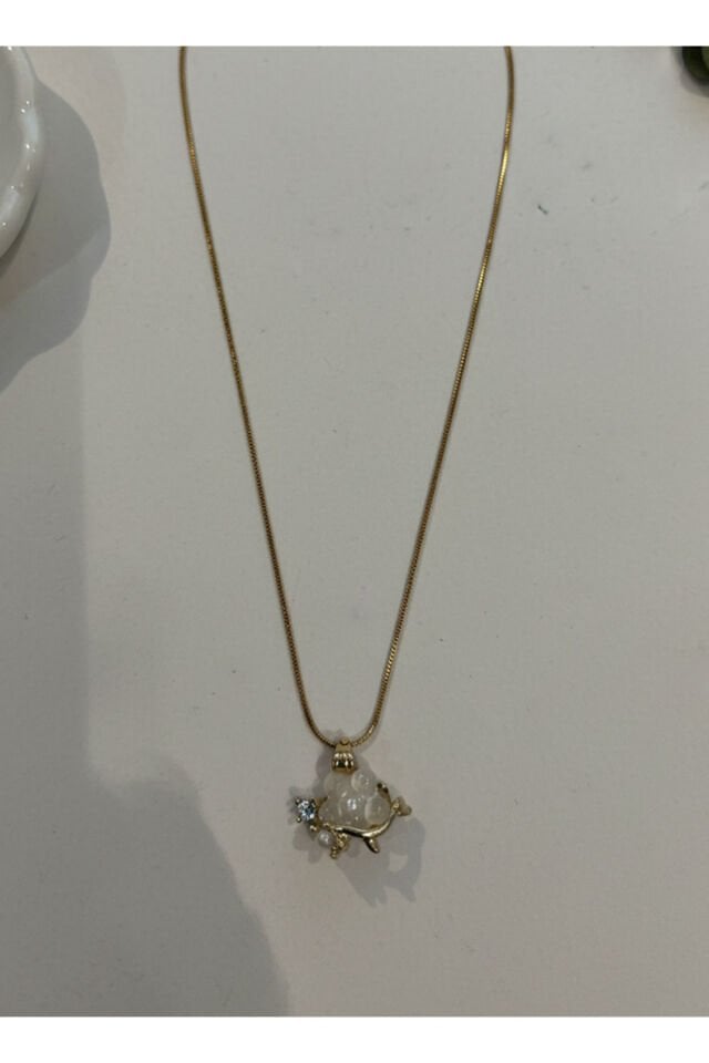 Altın Kaplama Beyaz Papatya Ve Zirkon Taşlı Çelik Kolye