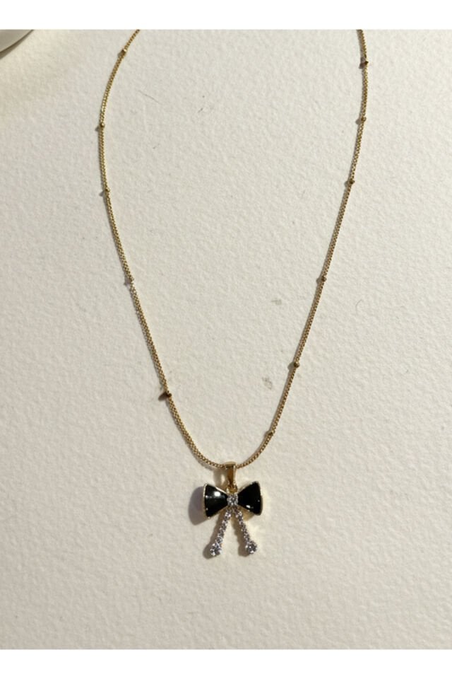 Altın Kaplama Siyah Fiyonk Ve Zirkon Taşlı Çelik Kolye