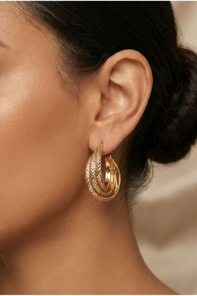 Gold 3'lü Çizgili Halka Küpe