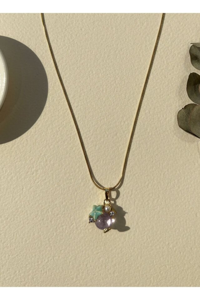 Altın Kaplama Yuvarlak ve Mavi Yıldız Taşlı Çelik Kolye