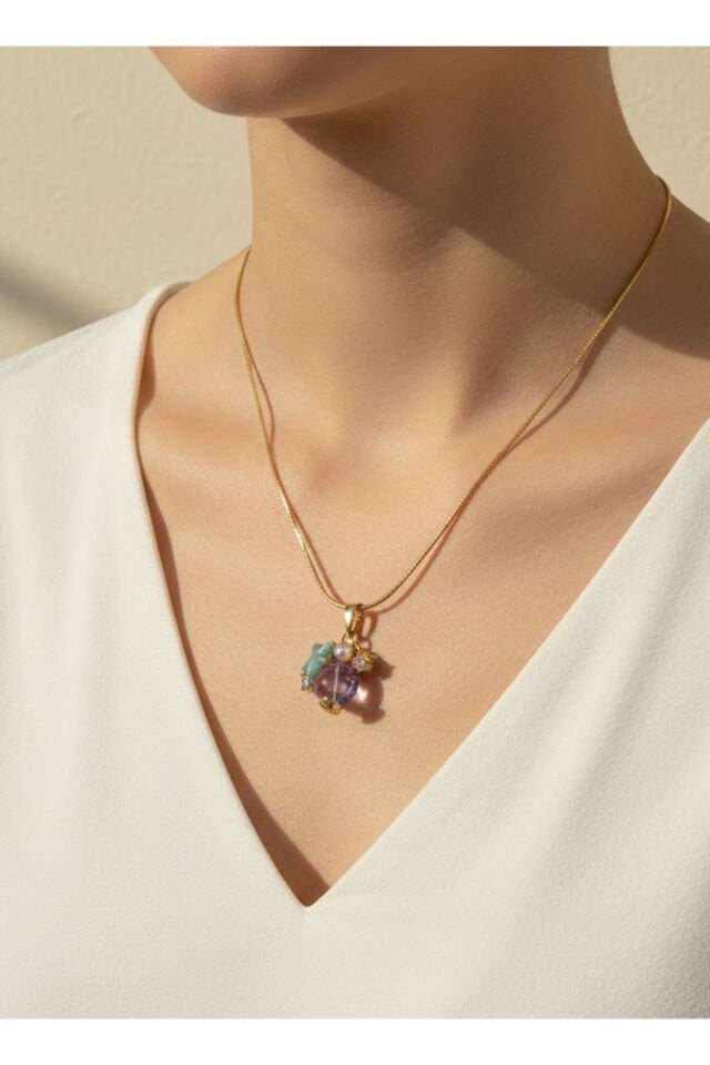 Altın Kaplama Yuvarlak ve Mavi Yıldız Taşlı Çelik Kolye