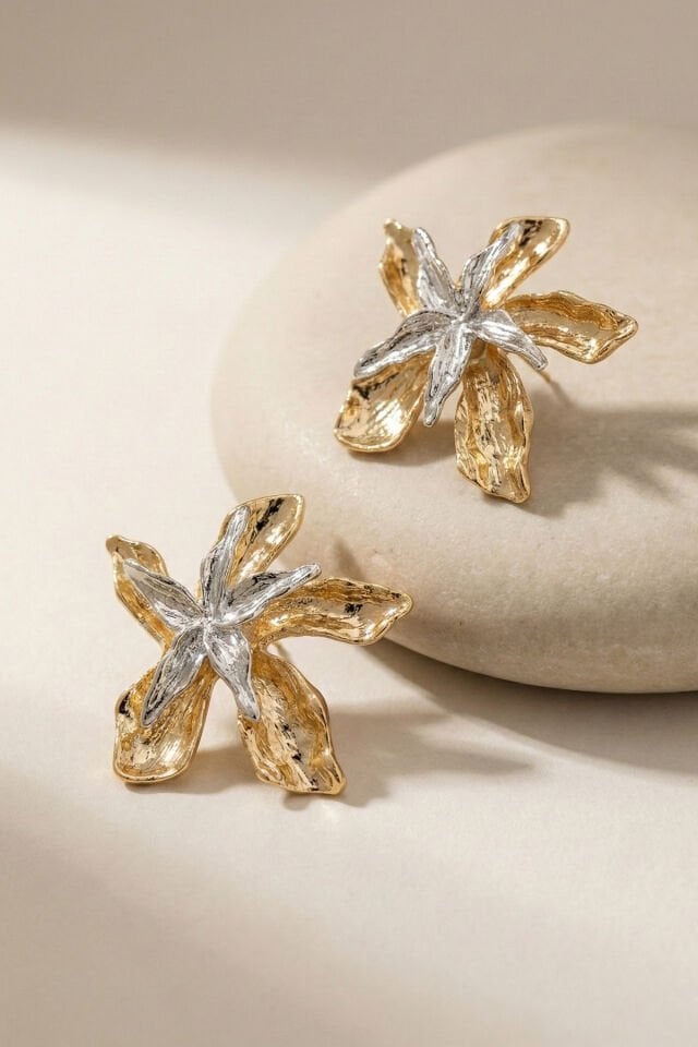 Gold Ve Silver 2'li Çiçek Küpe