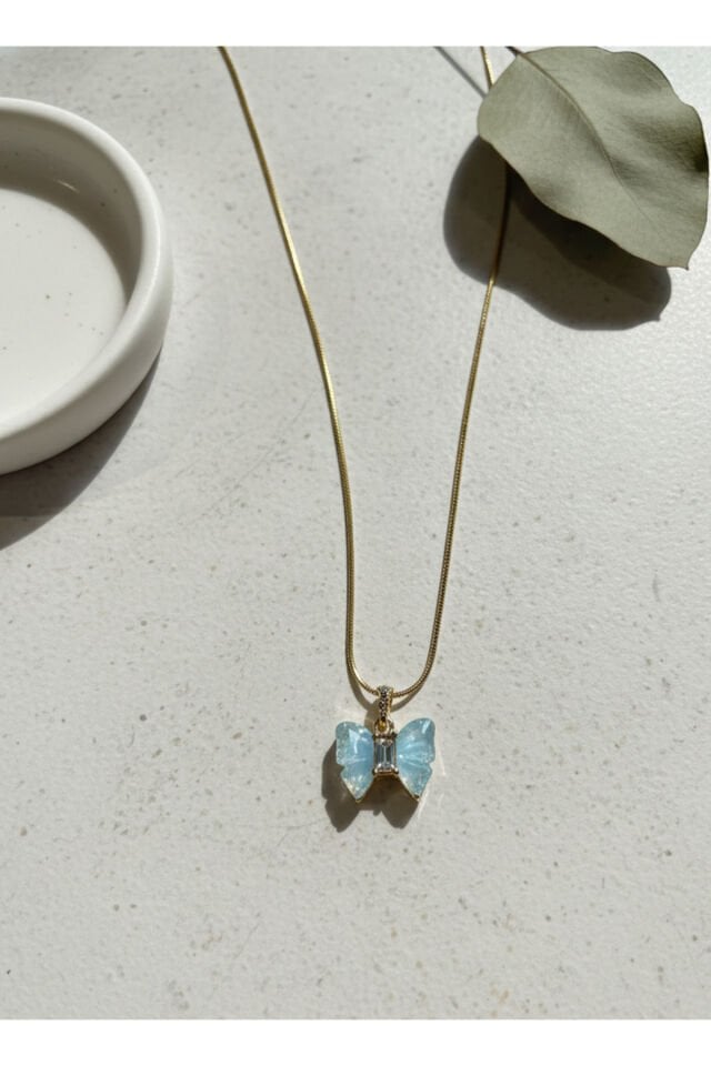 Altın Kaplama Mavi Kelebek ve Baget Zirkon Taşlı Çelik Kolye