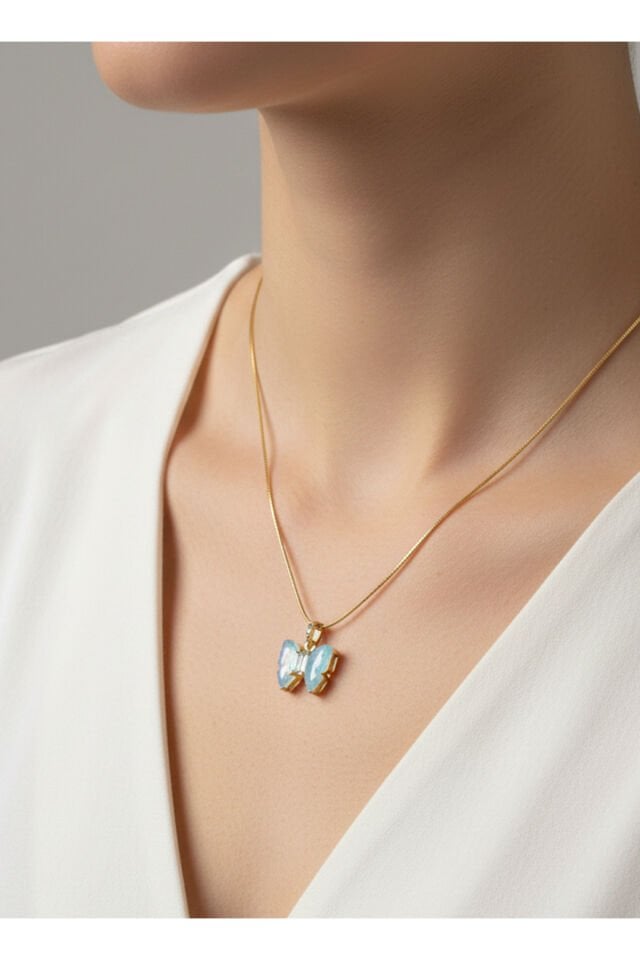 Altın Kaplama Mavi Kelebek ve Baget Zirkon Taşlı Çelik Kolye