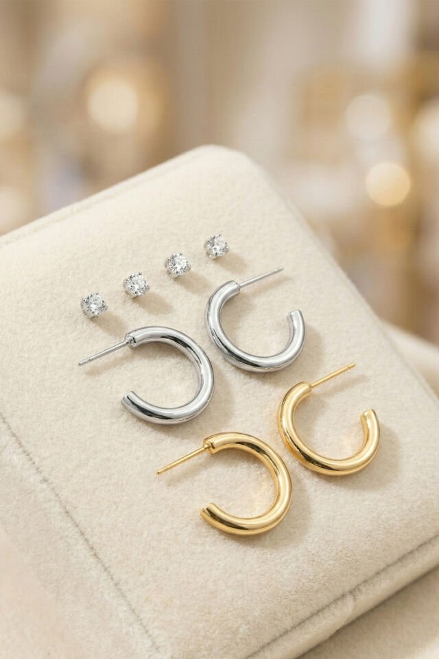 Gold Ve Silver Çift Halka Küpeler Ve 4 Adet Zirkon Taşlı Küpe