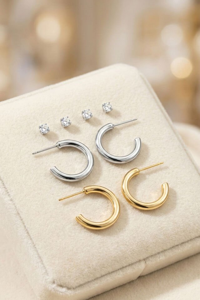 Gold Ve Silver Çift Halka Küpeler Ve 4 Adet Zirkon Taşlı Küpe