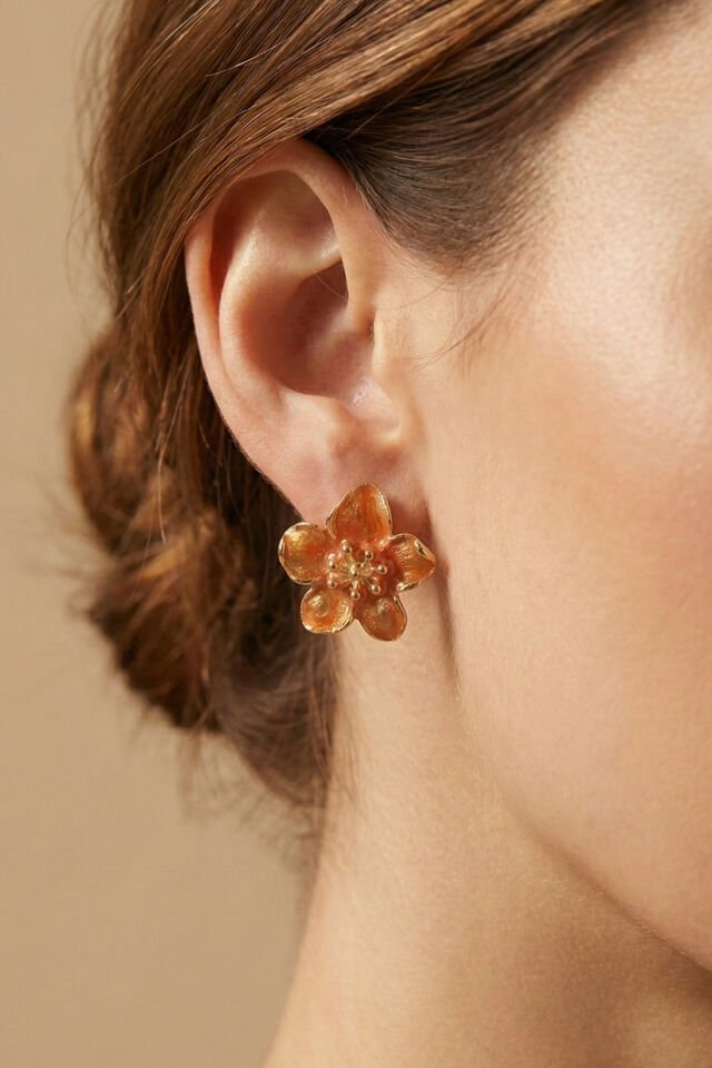 Altın Kaplama Turuncu Sakura Çiçeği Küpe