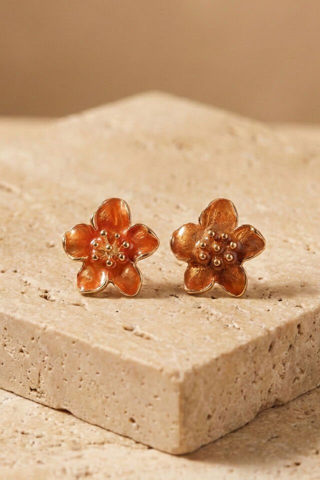 Altın Kaplama Turuncu Sakura Çiçeği Küpe