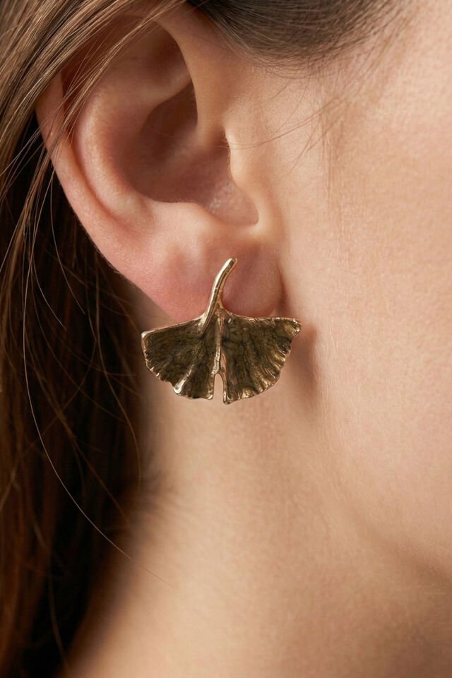 Gold Kahve Mineli Ginkgo Yaprağı Küpe