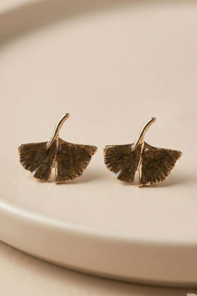 Gold Kahve Mineli Ginkgo Yaprağı Küpe