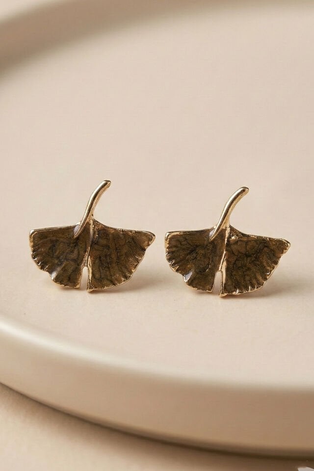 Gold Kahve Mineli Ginkgo Yaprağı Küpe