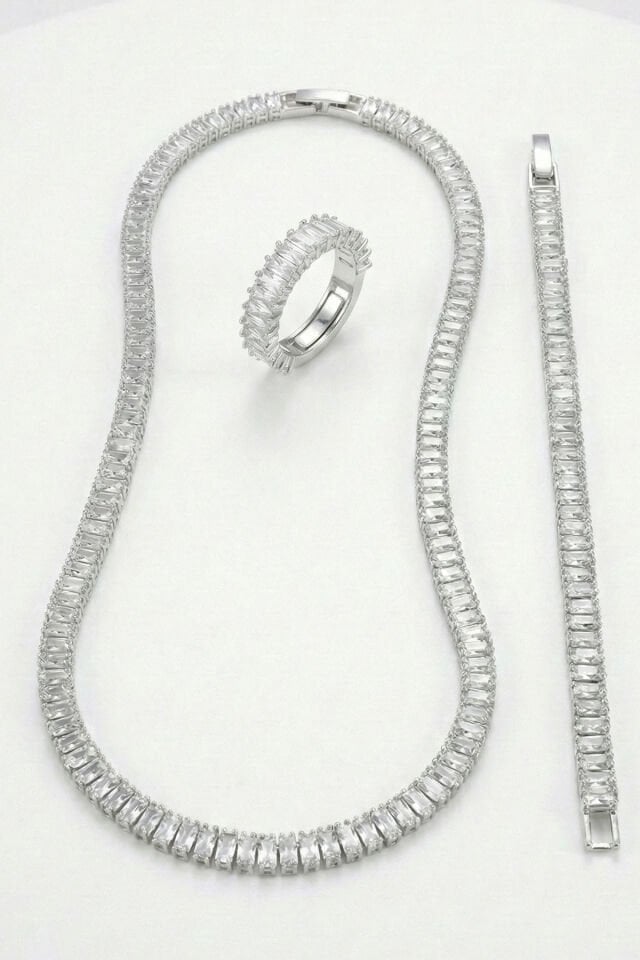 Premium Su Yolu Zirkon Taşlı Çelik Kolye, Yüzük, Bileklik Seti