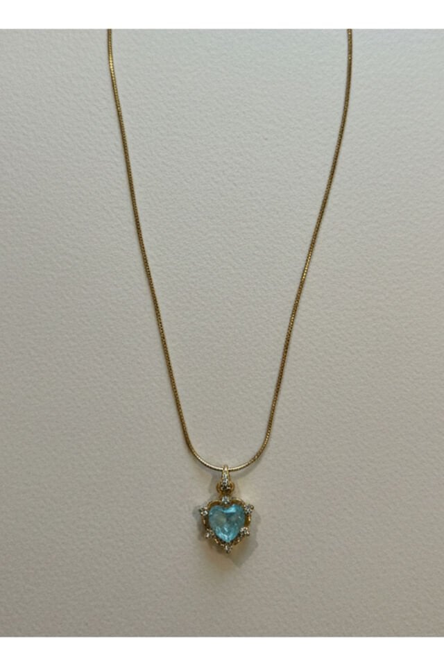 Altın Kaplama Mavi Kalp ve Zirkon Taşlı Çelik Kolye