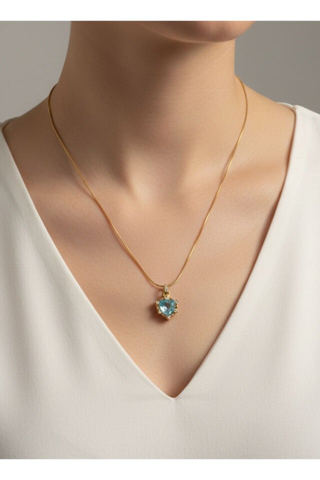 Altın Kaplama Mavi Kalp ve Zirkon Taşlı Çelik Kolye