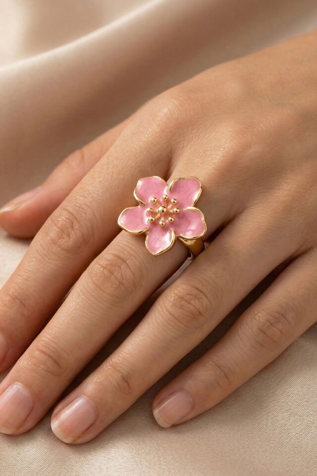 Gold Ayarlanabilir Pembe Sakura Çiçeği Yüzük