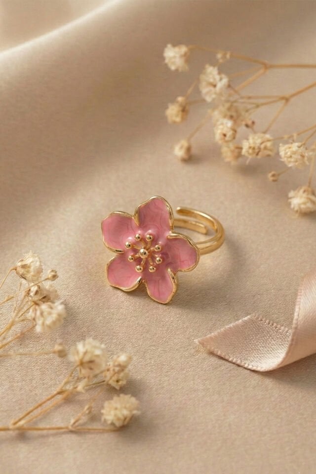 Gold Ayarlanabilir Pembe Sakura Çiçeği Yüzük