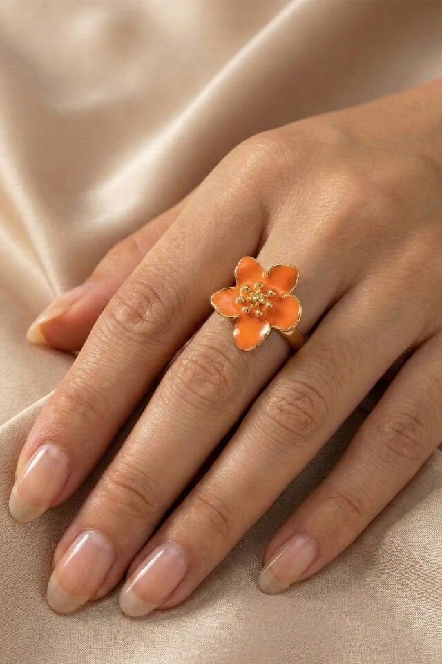 Gold Ayarlanabilir Turuncu Sakura Çiçeği Yüzük