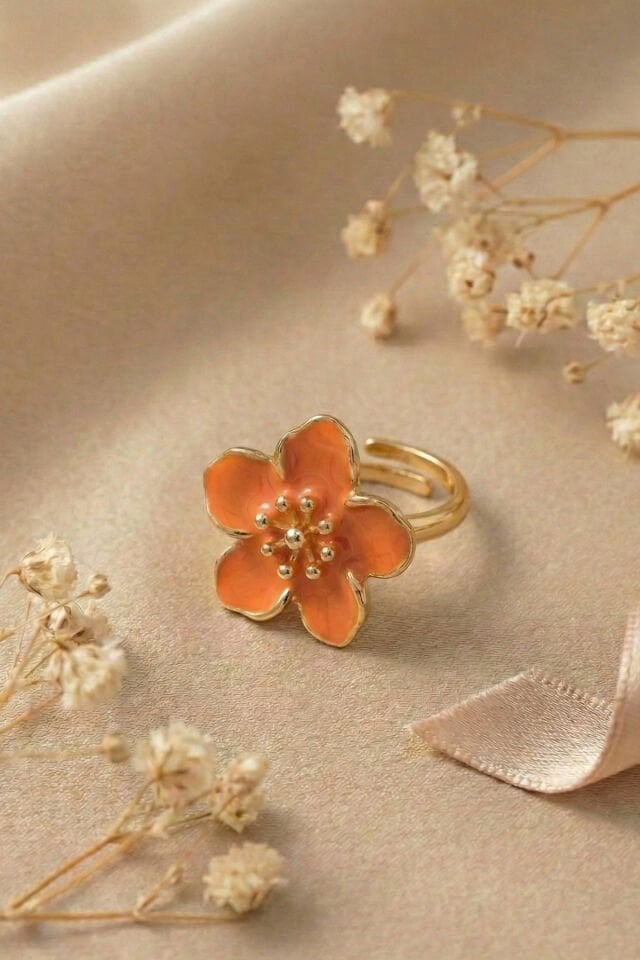Gold Ayarlanabilir Turuncu Sakura Çiçeği Yüzük
