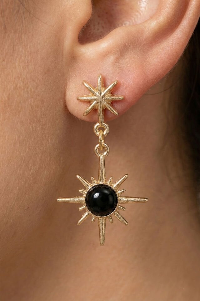 Gold Siyah Detaylı Sallantılı Kuzey Yıldızı Küpe