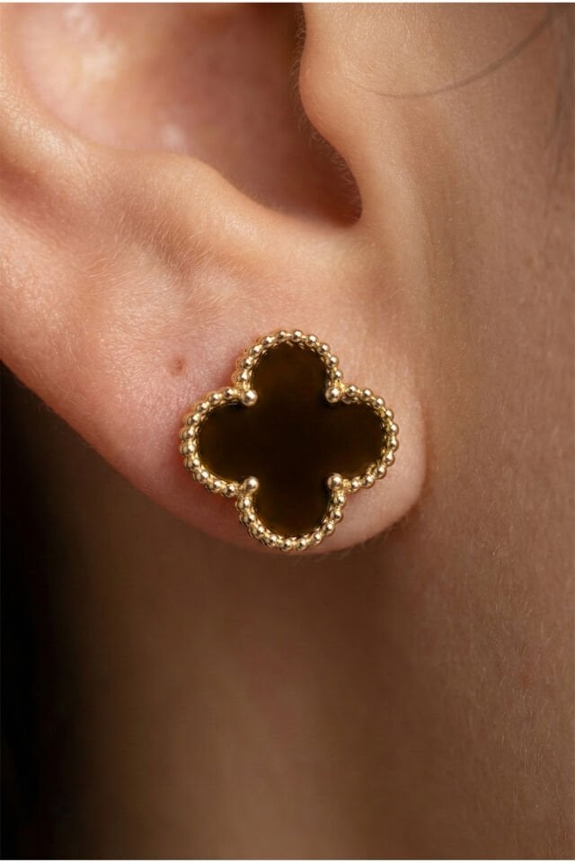 Altın Kaplama Kahverengi Çelik Cleef Küpe