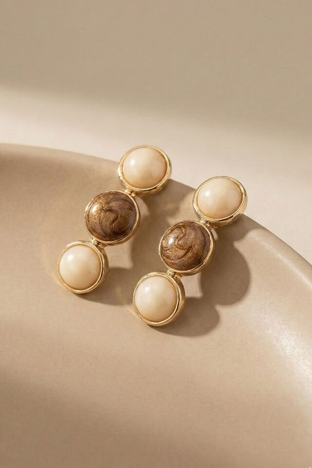 Gold Üçlü Kahverengi Ve Beyaz Sedefli Küpe